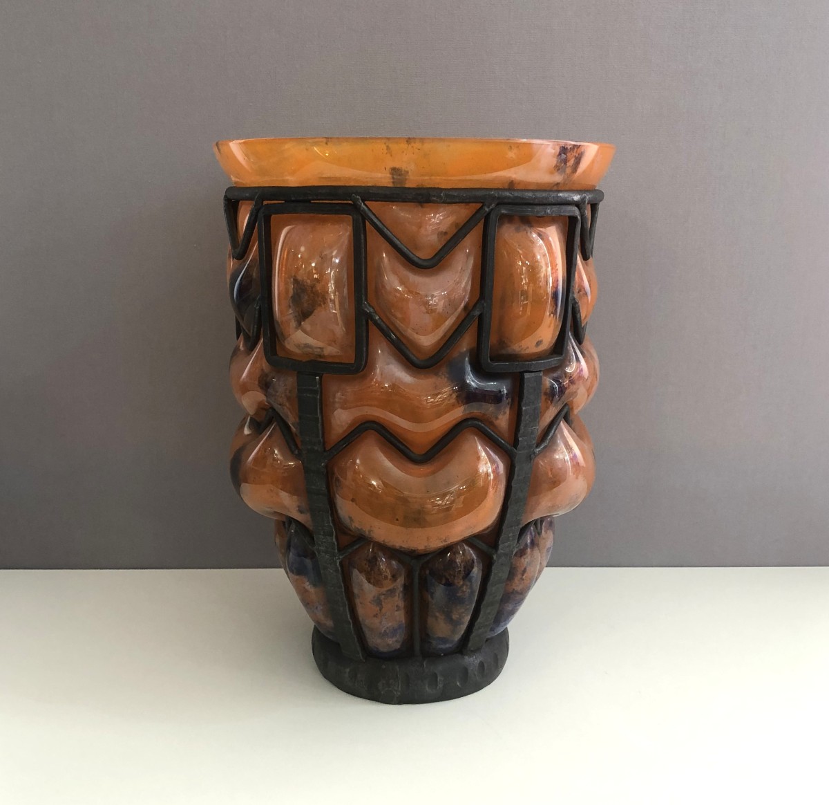 Lorraine Vase In Marbled Glass And Wrought Iron By The Daum Glassworks In Croismare