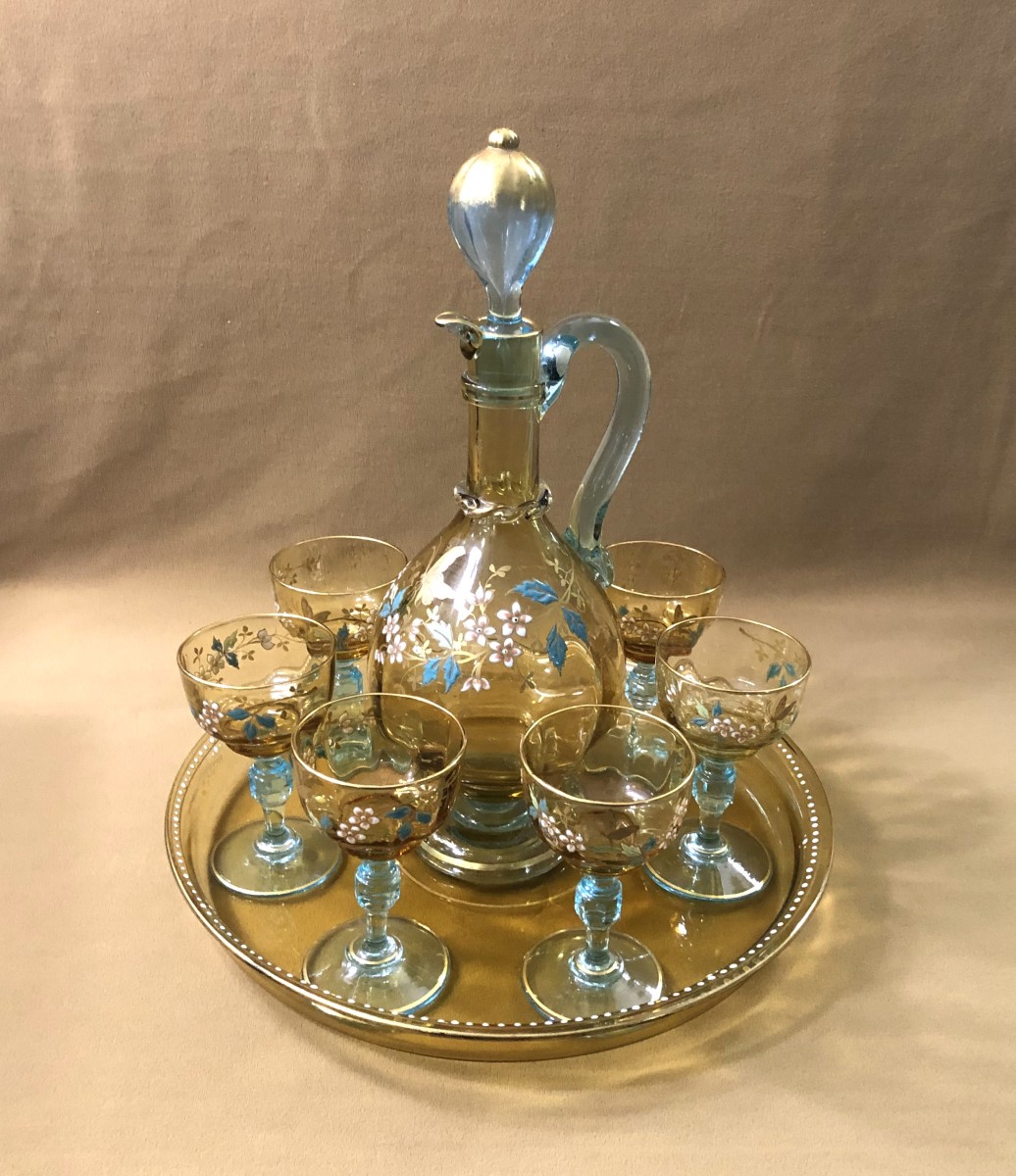verrerie de PORTIEUX - service à porto en verre bicolore émaillé et doré-photo-2