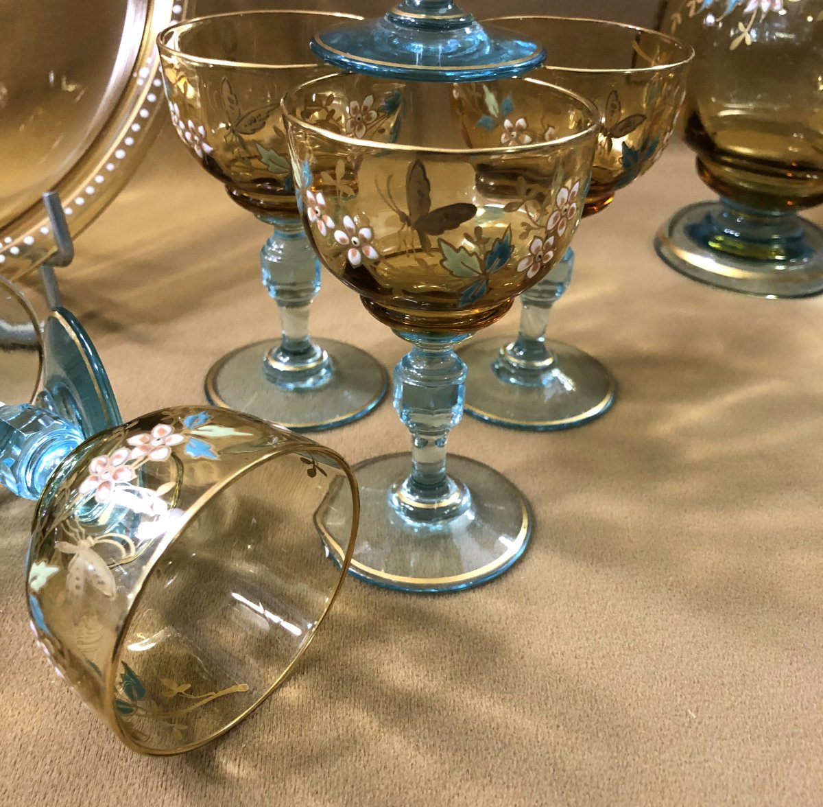 verrerie de PORTIEUX - service à porto en verre bicolore émaillé et doré-photo-3