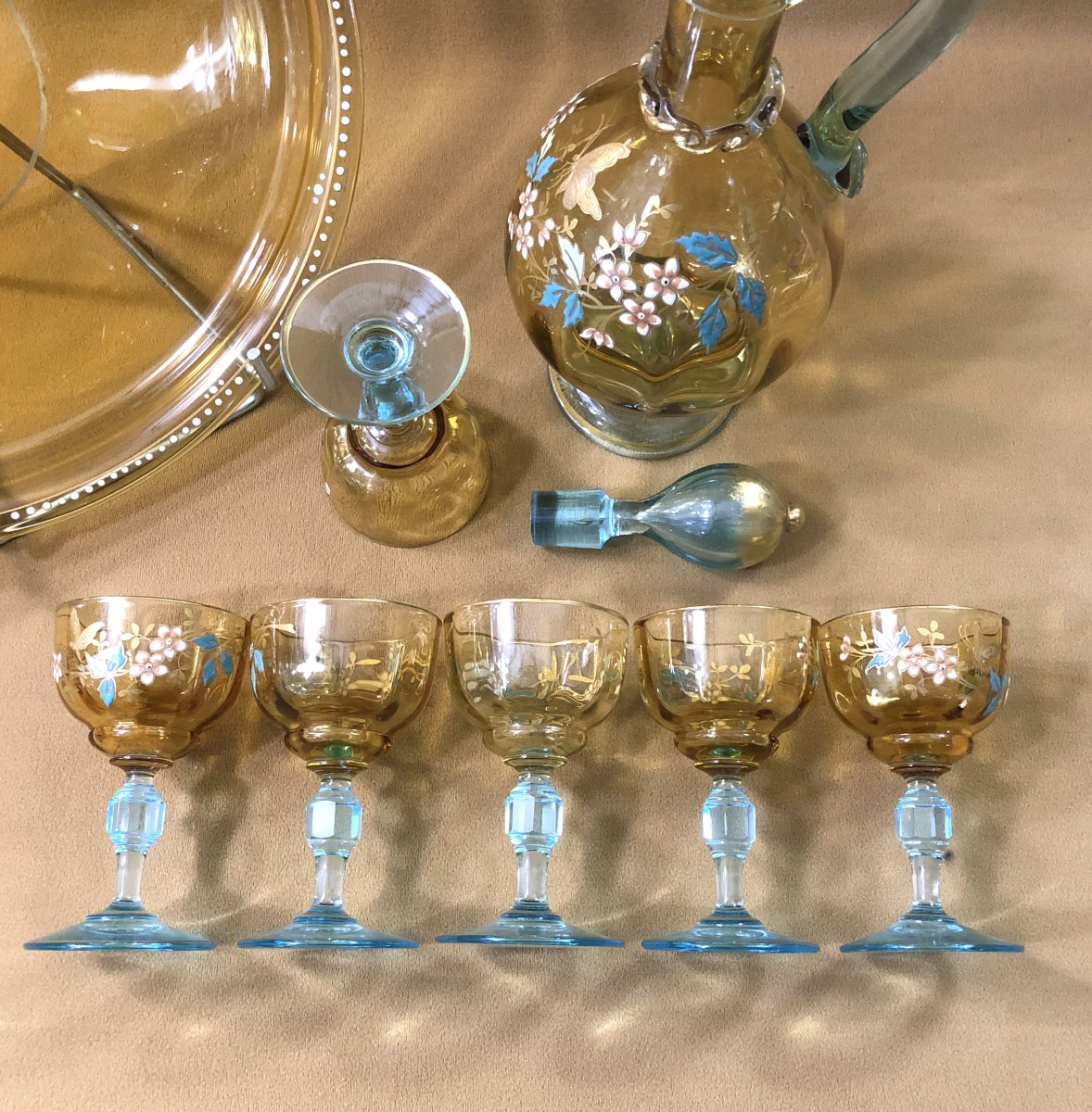 verrerie de PORTIEUX - service à porto en verre bicolore émaillé et doré-photo-4