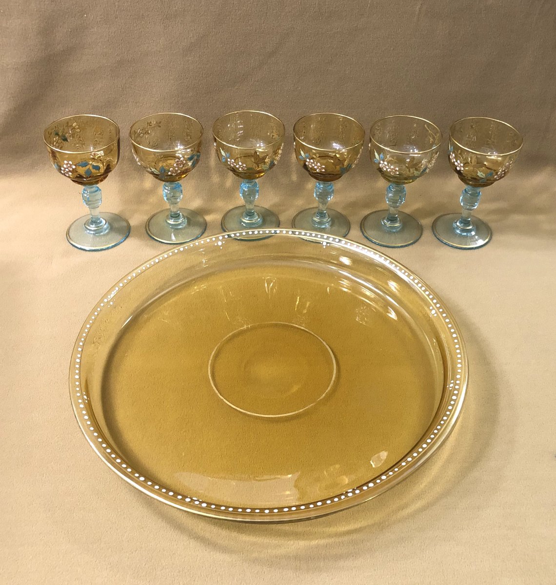 verrerie de PORTIEUX - service à porto en verre bicolore émaillé et doré-photo-5