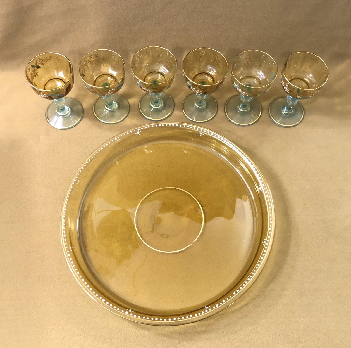verrerie de PORTIEUX - service à porto en verre bicolore émaillé et doré-photo-6