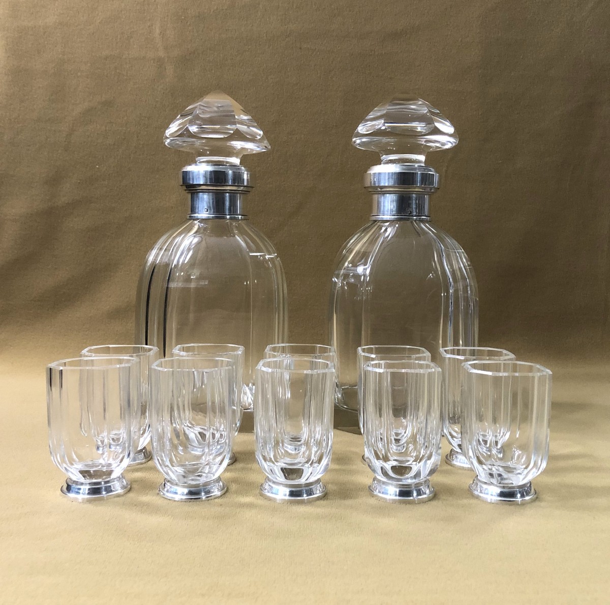 Art Deco Period Port Service In Cut Crystal And Solid Silver Minerva Setting-photo-2