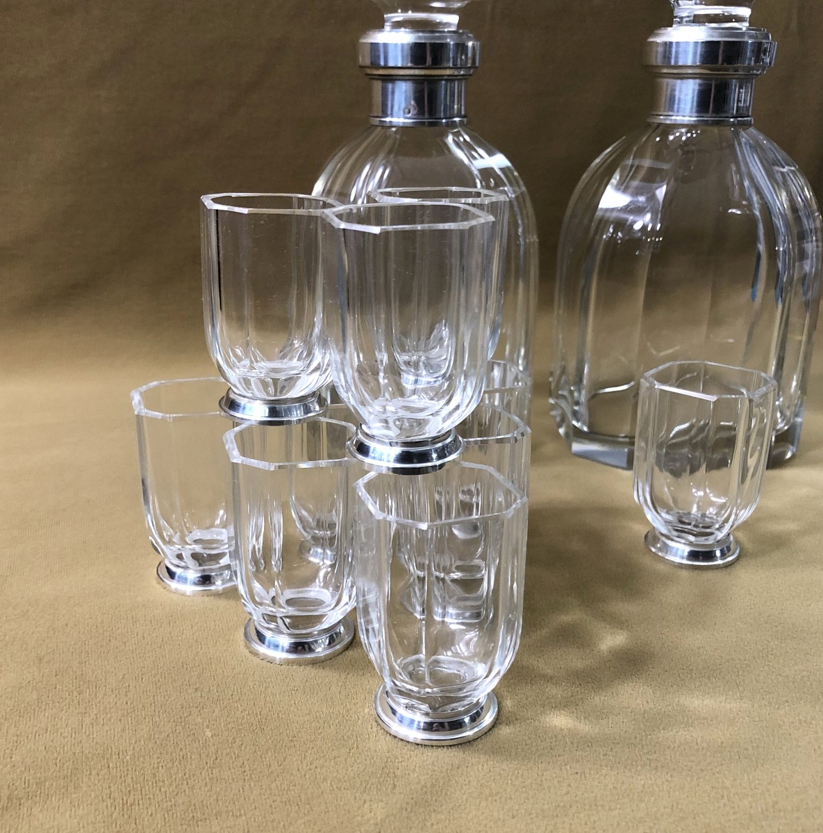 Art Deco Period Port Service In Cut Crystal And Solid Silver Minerva Setting-photo-3