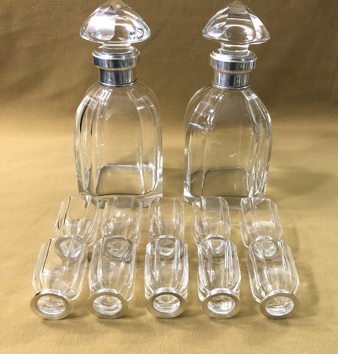 Art Deco Period Port Service In Cut Crystal And Solid Silver Minerva Setting-photo-4