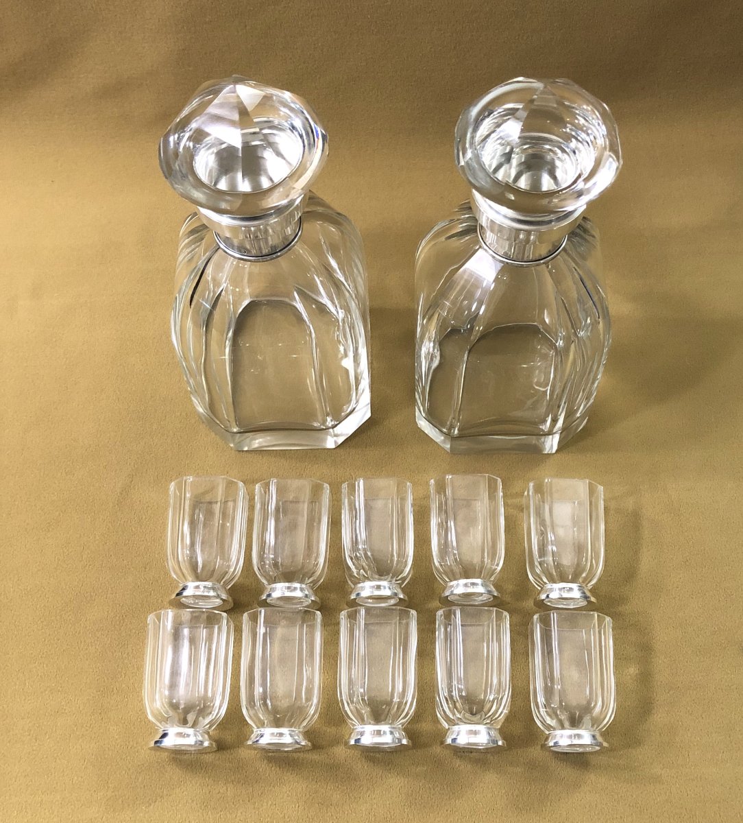 Art Deco Period Port Service In Cut Crystal And Solid Silver Minerva Setting-photo-1