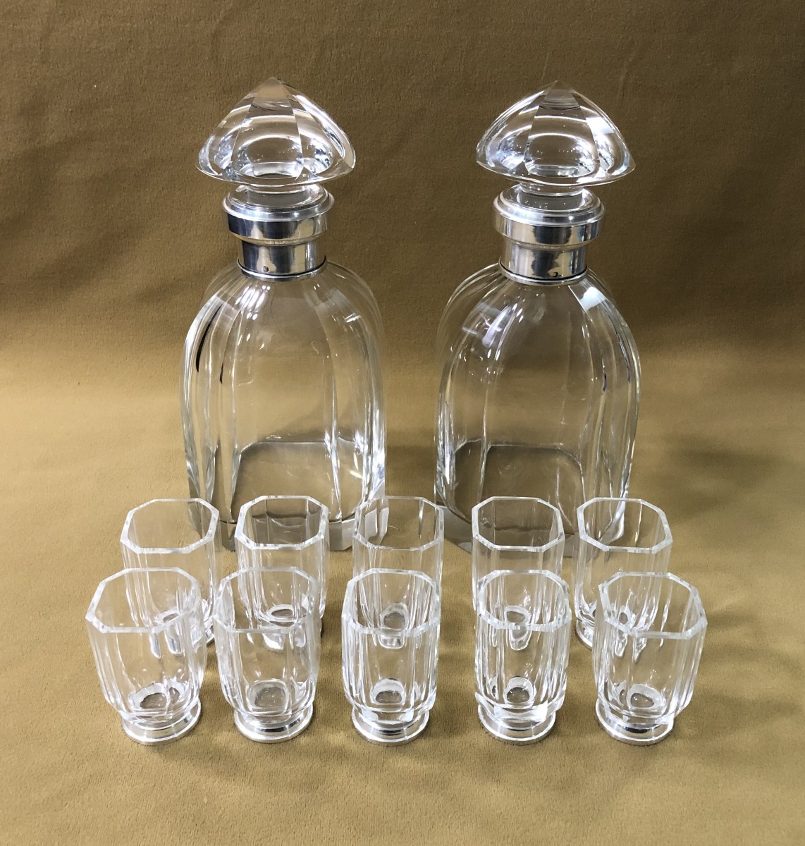 Art Deco Period Port Service In Cut Crystal And Solid Silver Minerva Setting