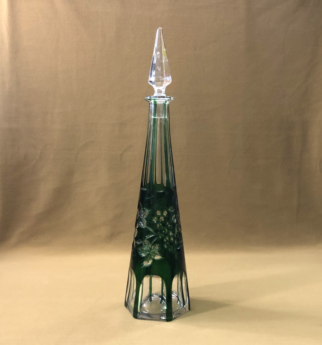 Baccarat - Antique Cut Crystal Decanter With Green Lining And Vine Branch Decoration