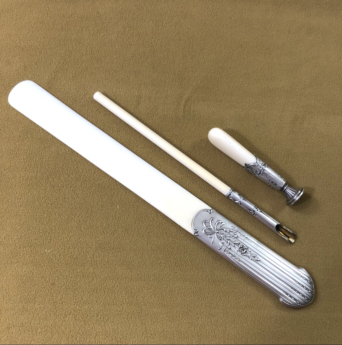 Antique Desk Set In Ivory And Solid Silver, Louis XVI Decor-photo-1