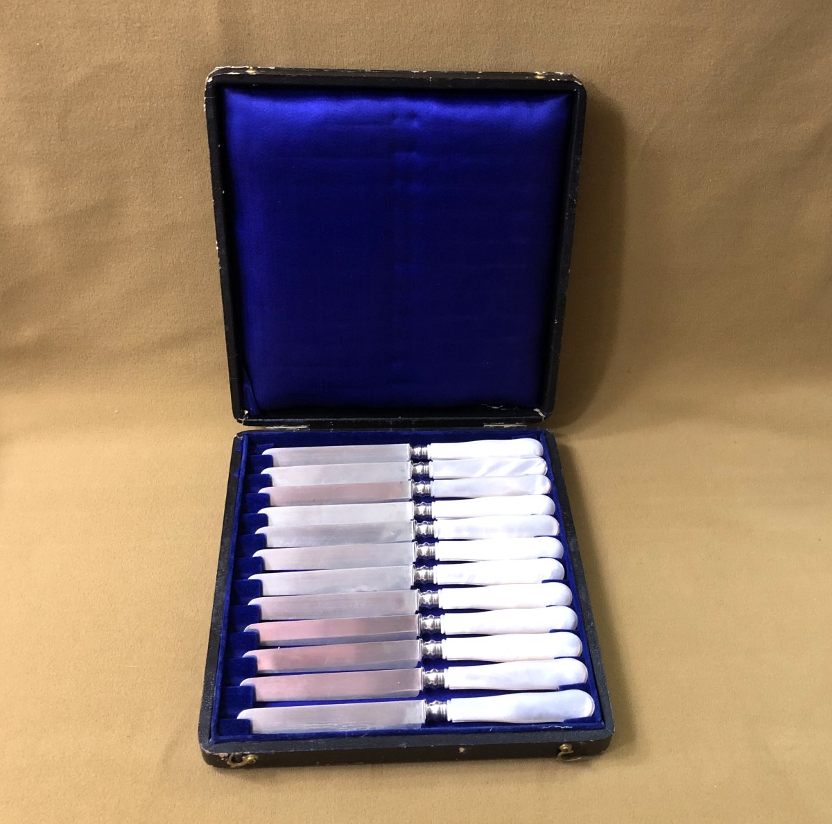 12 Fruit Knives, Solid Silver Blades Minerve Mother-of-pearl Handles-photo-2