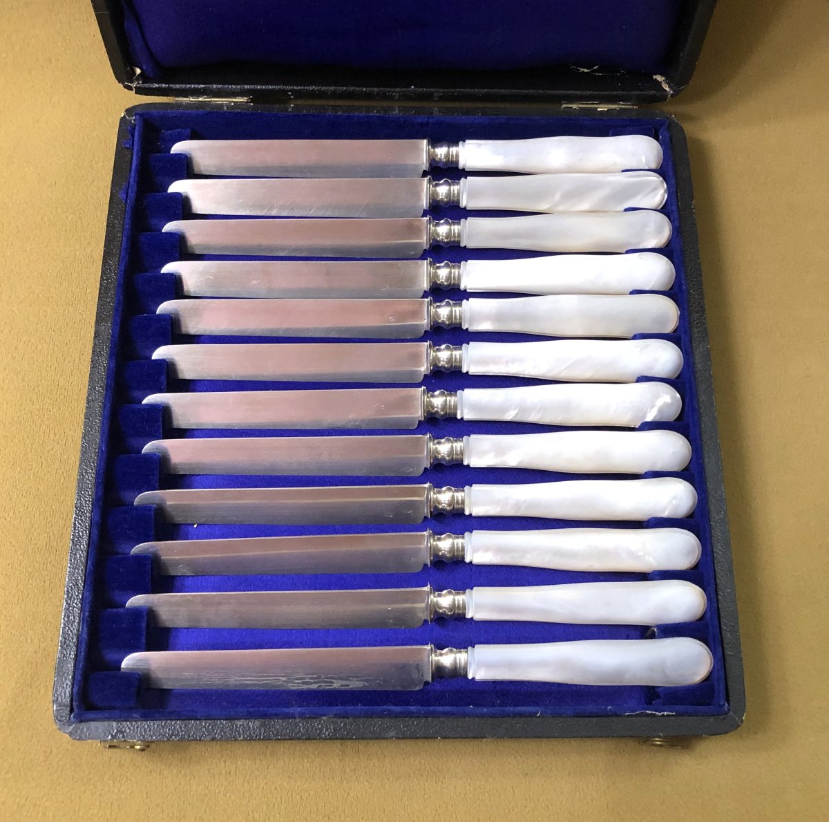 12 Fruit Knives, Solid Silver Blades Minerve Mother-of-pearl Handles-photo-3