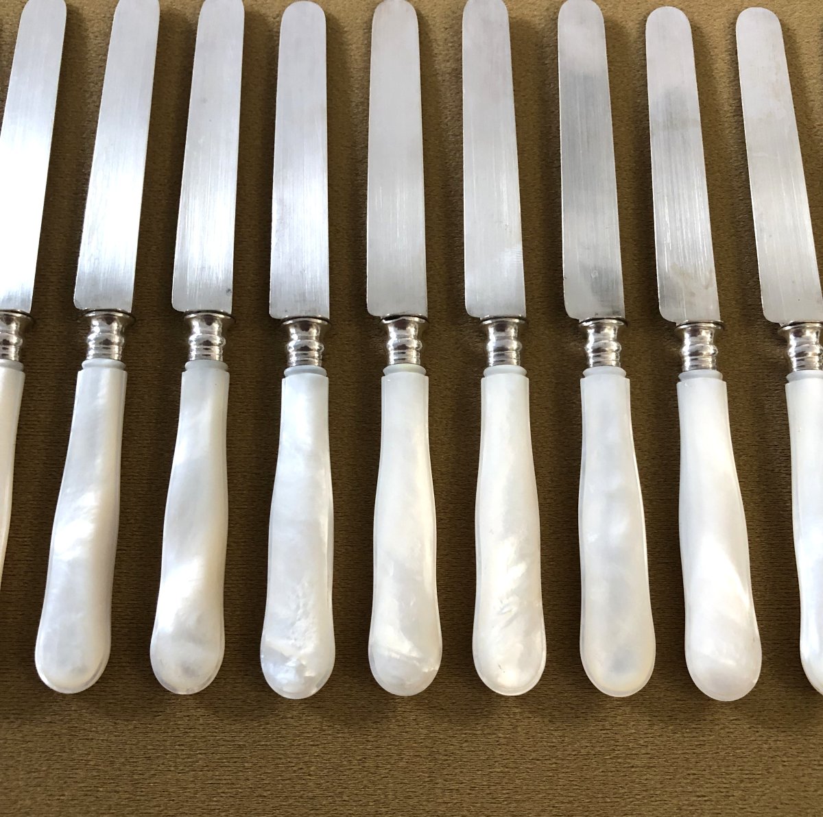 12 Fruit Knives, Solid Silver Blades Minerve Mother-of-pearl Handles-photo-1