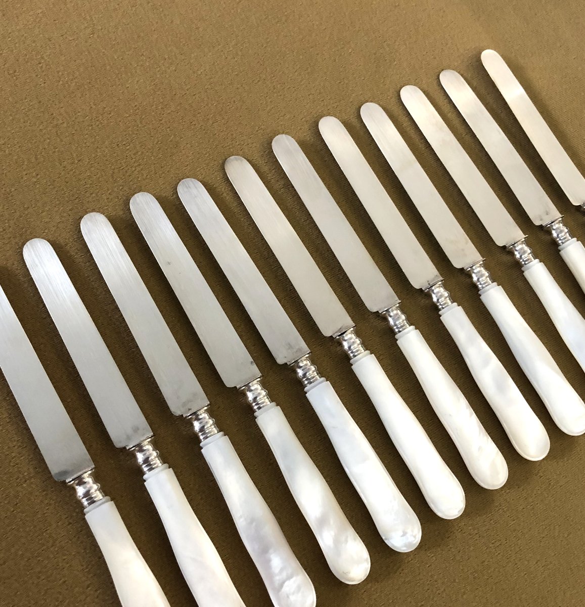 12 Fruit Knives, Solid Silver Blades Minerve Mother-of-pearl Handles-photo-2