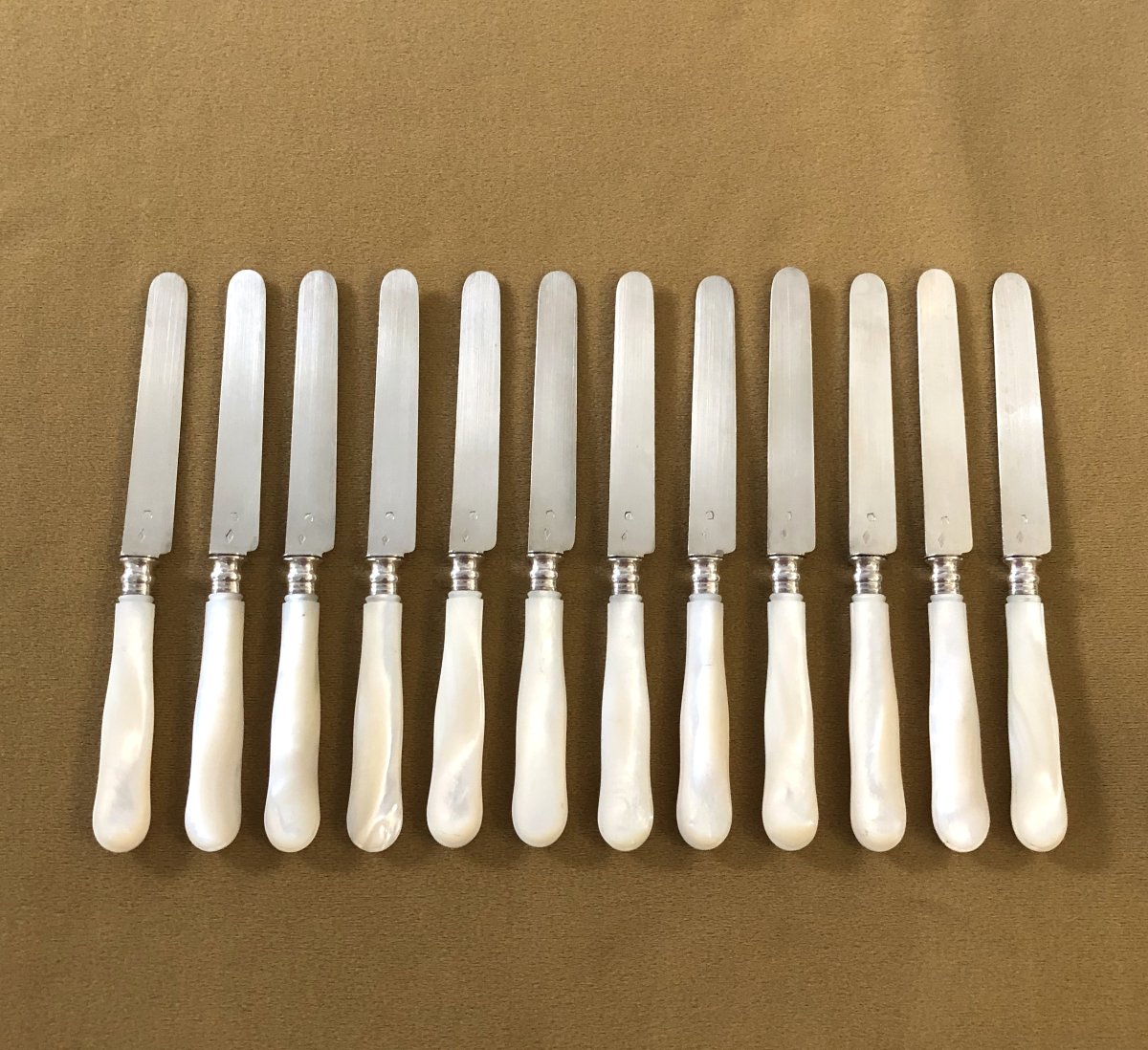 12 Fruit Knives, Solid Silver Blades Minerve Mother-of-pearl Handles-photo-3