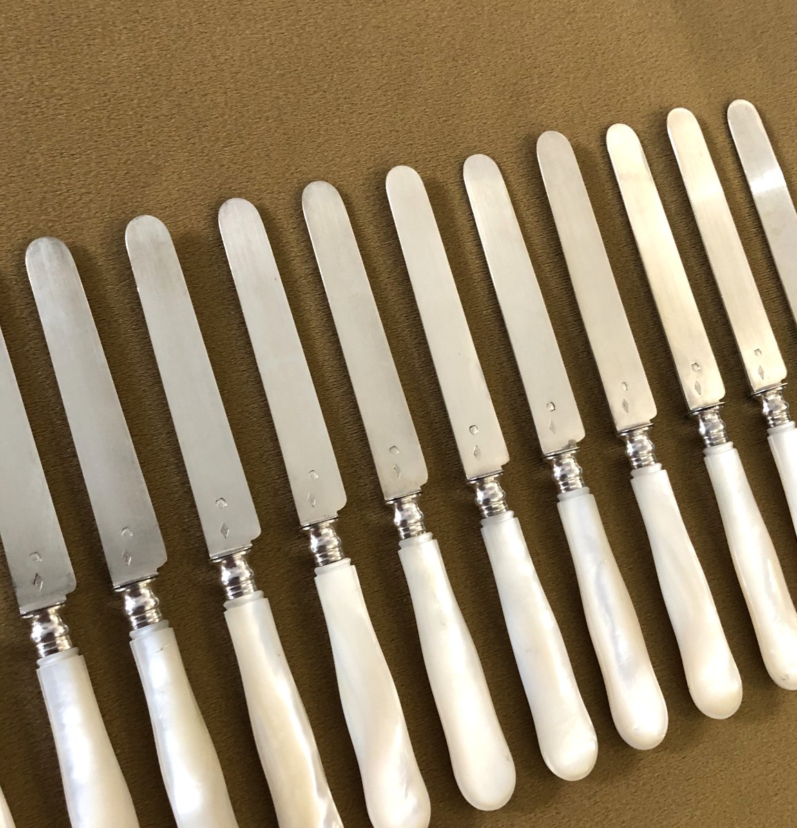 12 Fruit Knives, Solid Silver Blades Minerve Mother-of-pearl Handles-photo-5