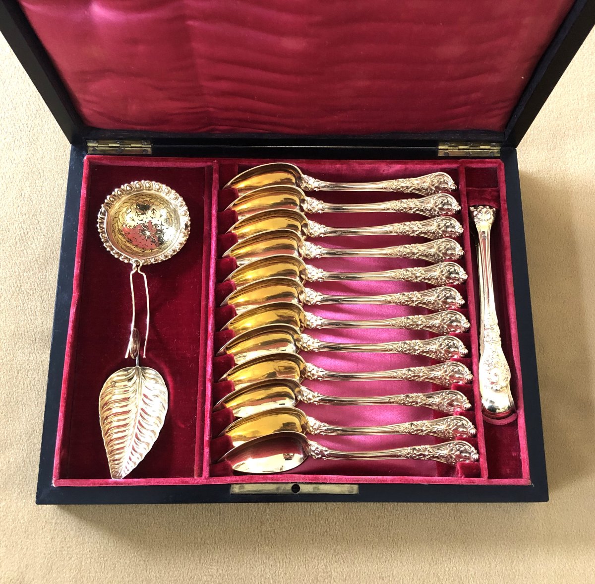 service à thé en vermeil MINERVE - coffret en marqueterie BOULLE-photo-1