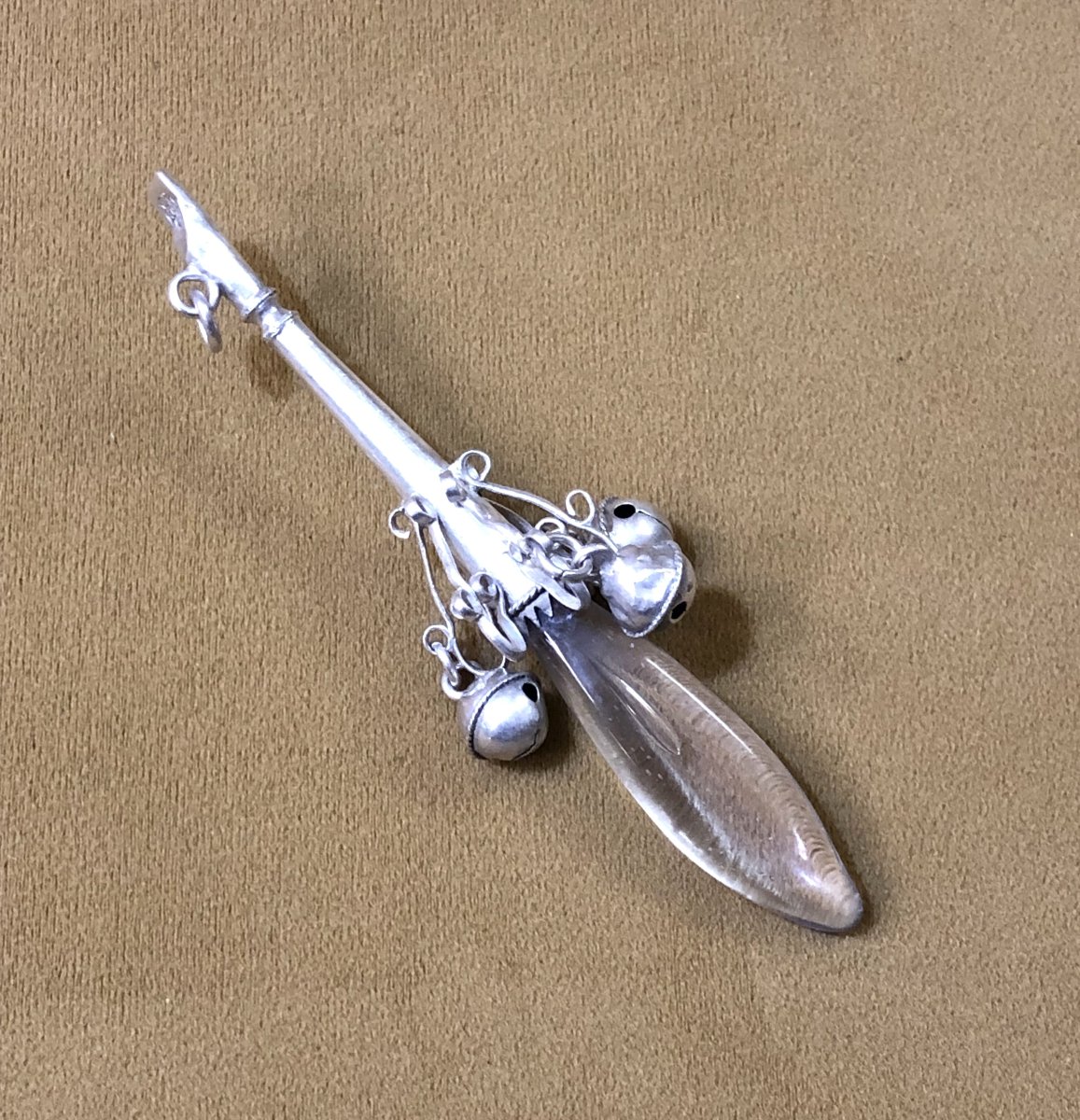 Antique 18th Century Solid Silver And Rock Crystal Rattle With Bells-photo-1