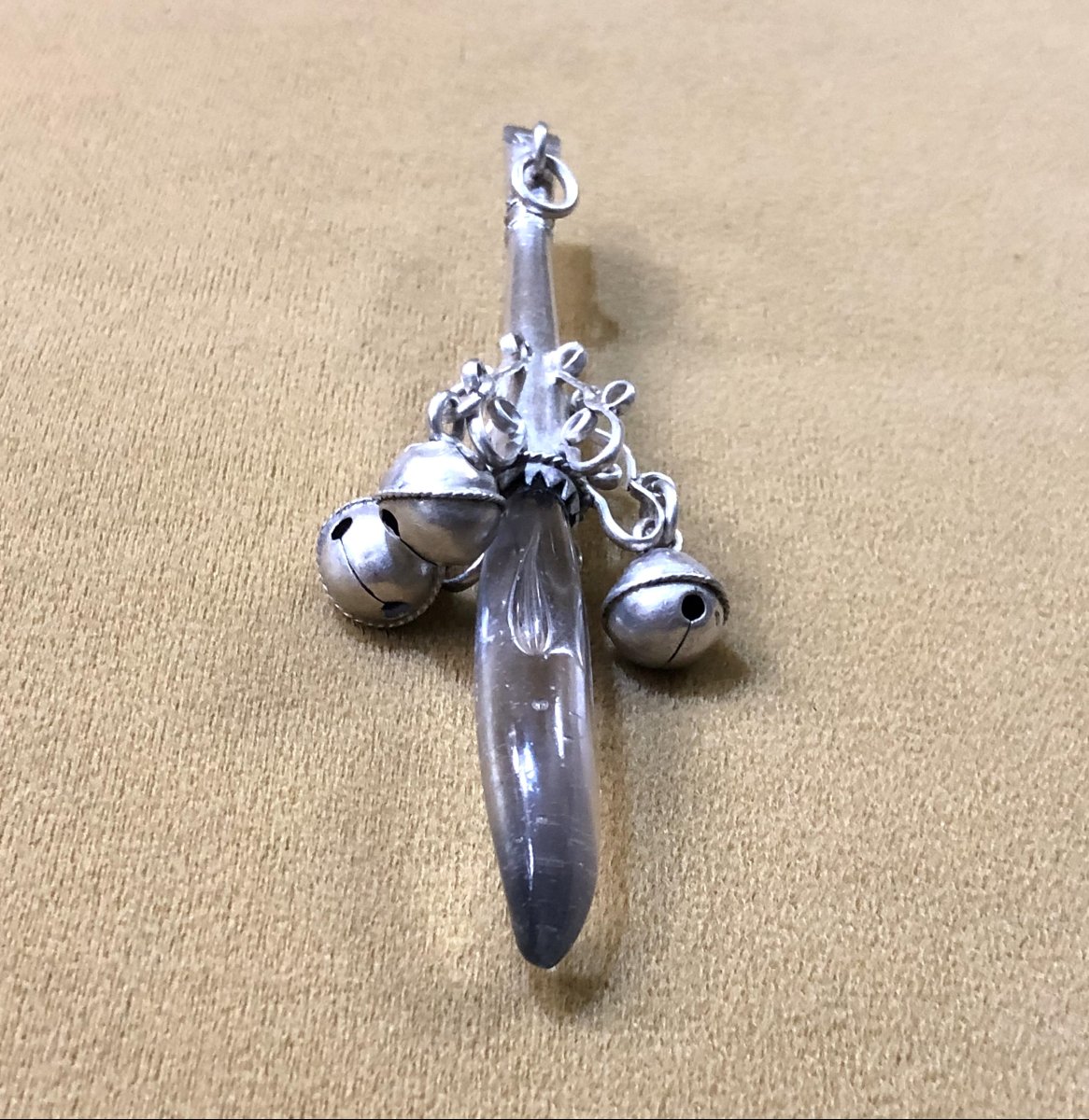 Antique 18th Century Solid Silver And Rock Crystal Rattle With Bells-photo-3