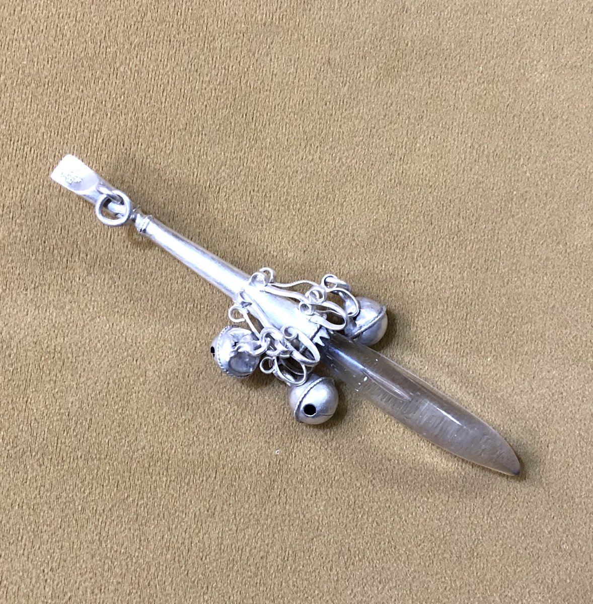 Antique 18th Century Solid Silver And Rock Crystal Rattle With Bells-photo-5