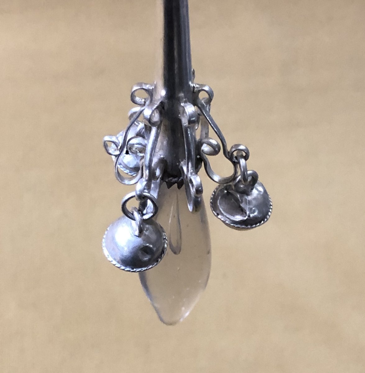 Antique 18th Century Solid Silver And Rock Crystal Rattle With Bells-photo-6