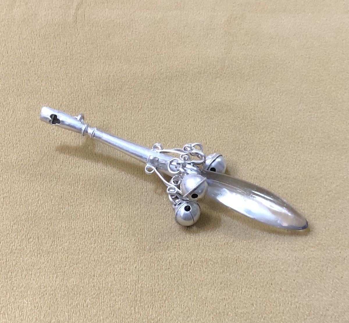 Antique 18th Century Solid Silver And Rock Crystal Rattle With Bells