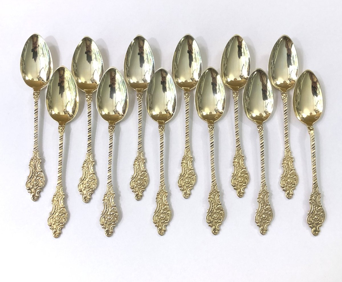 12 Vermeil Coffee Spoons / Mocha Spoons, Minerva Hallmark, Louis XV Decor-photo-2