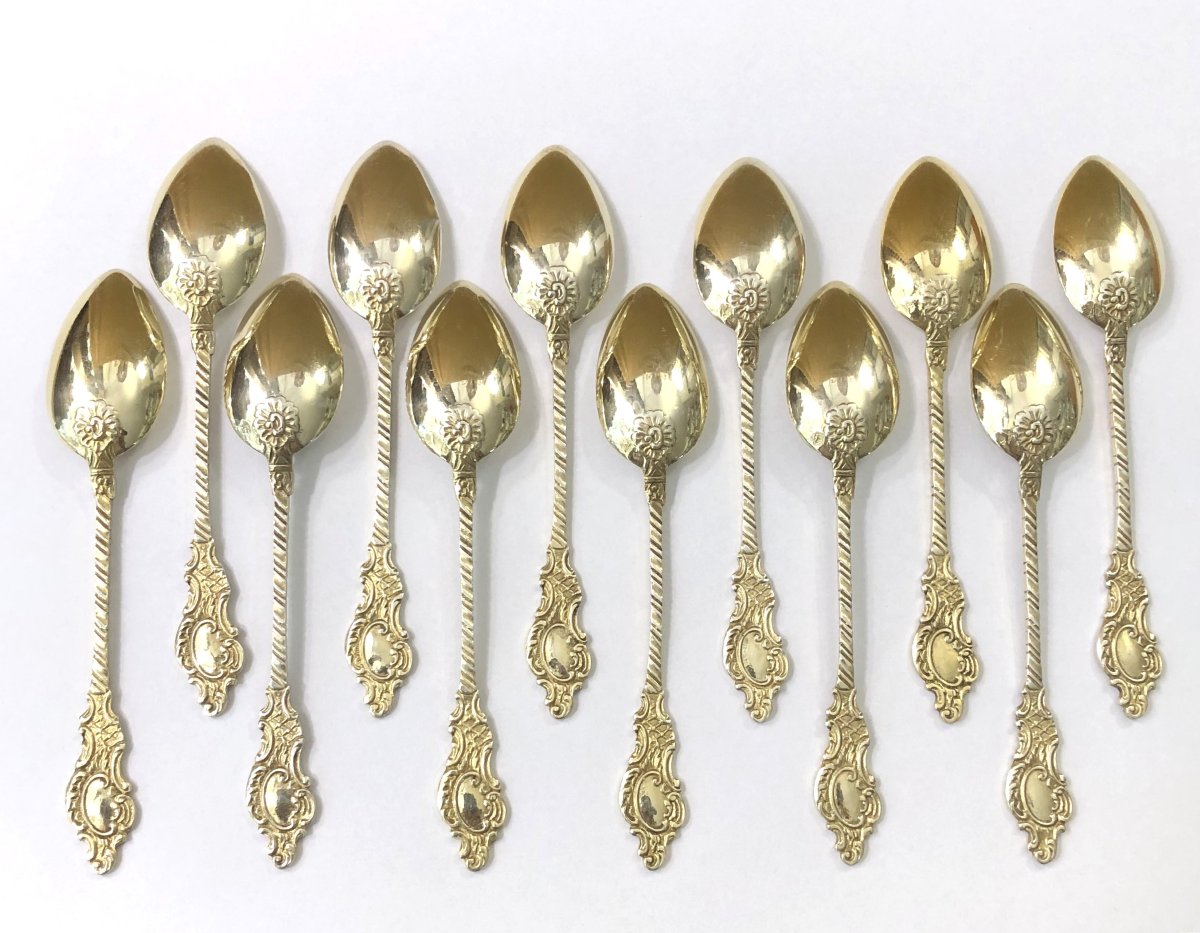 12 Vermeil Coffee Spoons / Mocha Spoons, Minerva Hallmark, Louis XV Decor-photo-1