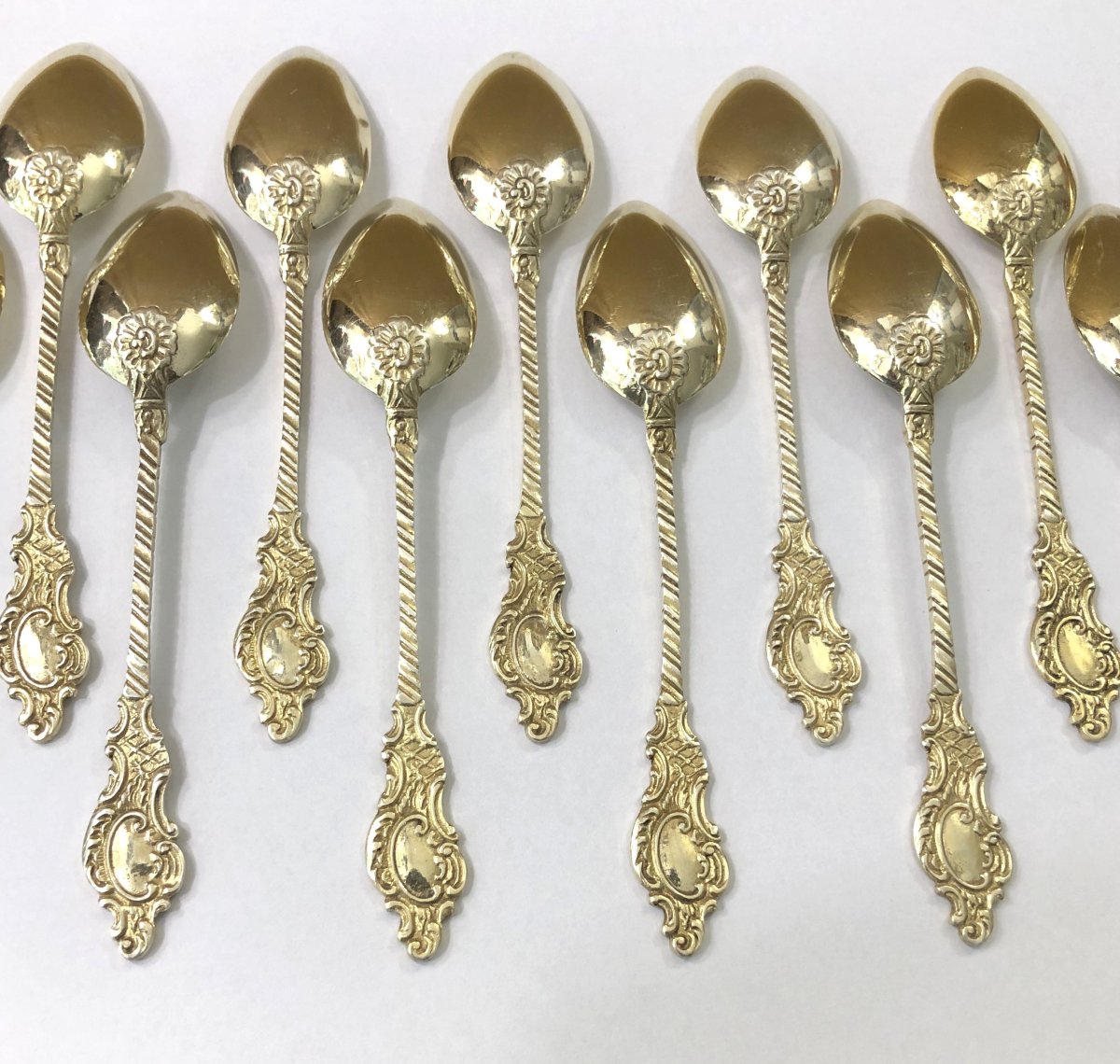12 Vermeil Coffee Spoons / Mocha Spoons, Minerva Hallmark, Louis XV Decor-photo-2