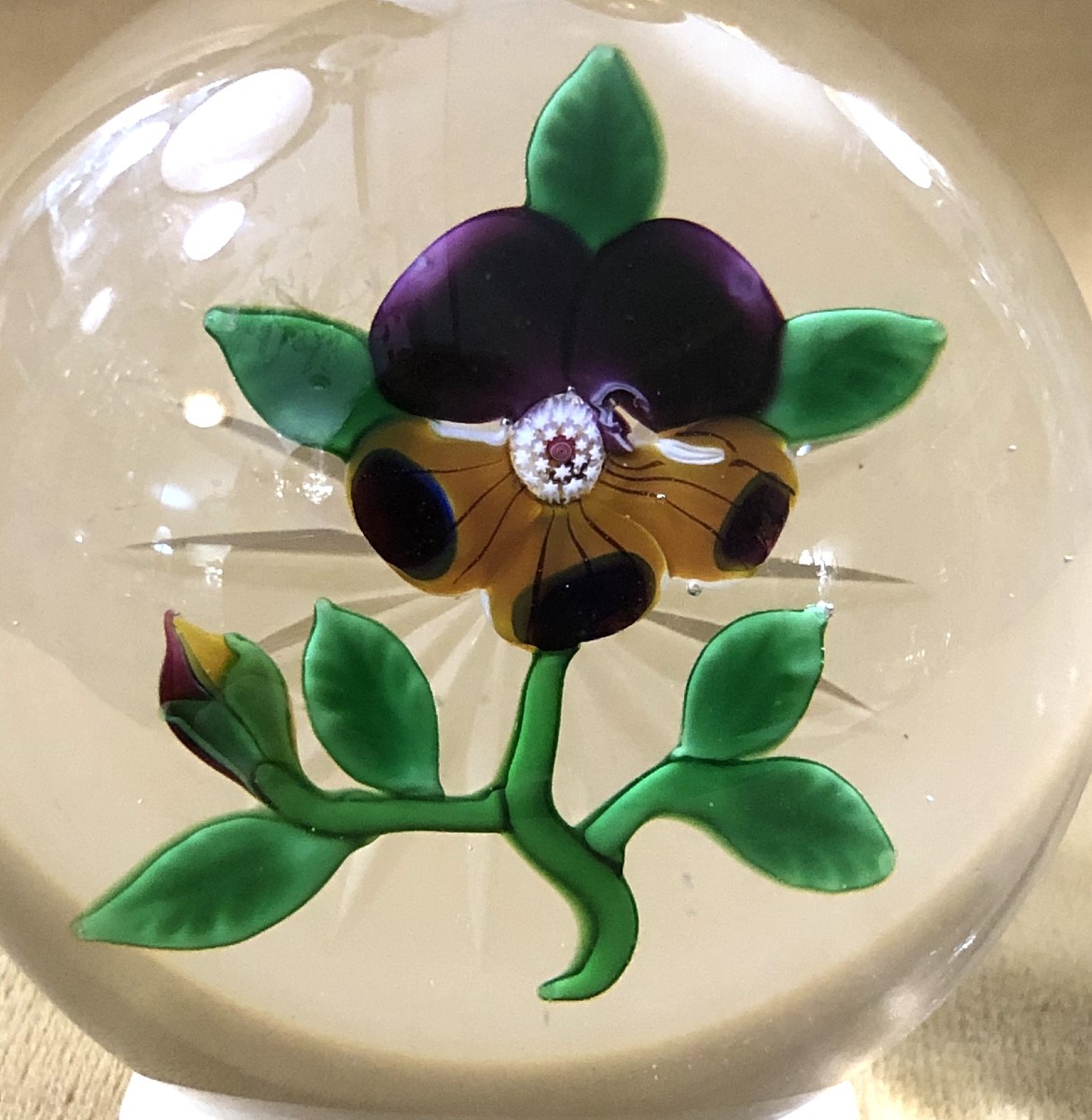 Baccarat - Antique Crystal Paperweight / Sulphide With Pansy Decoration-photo-2