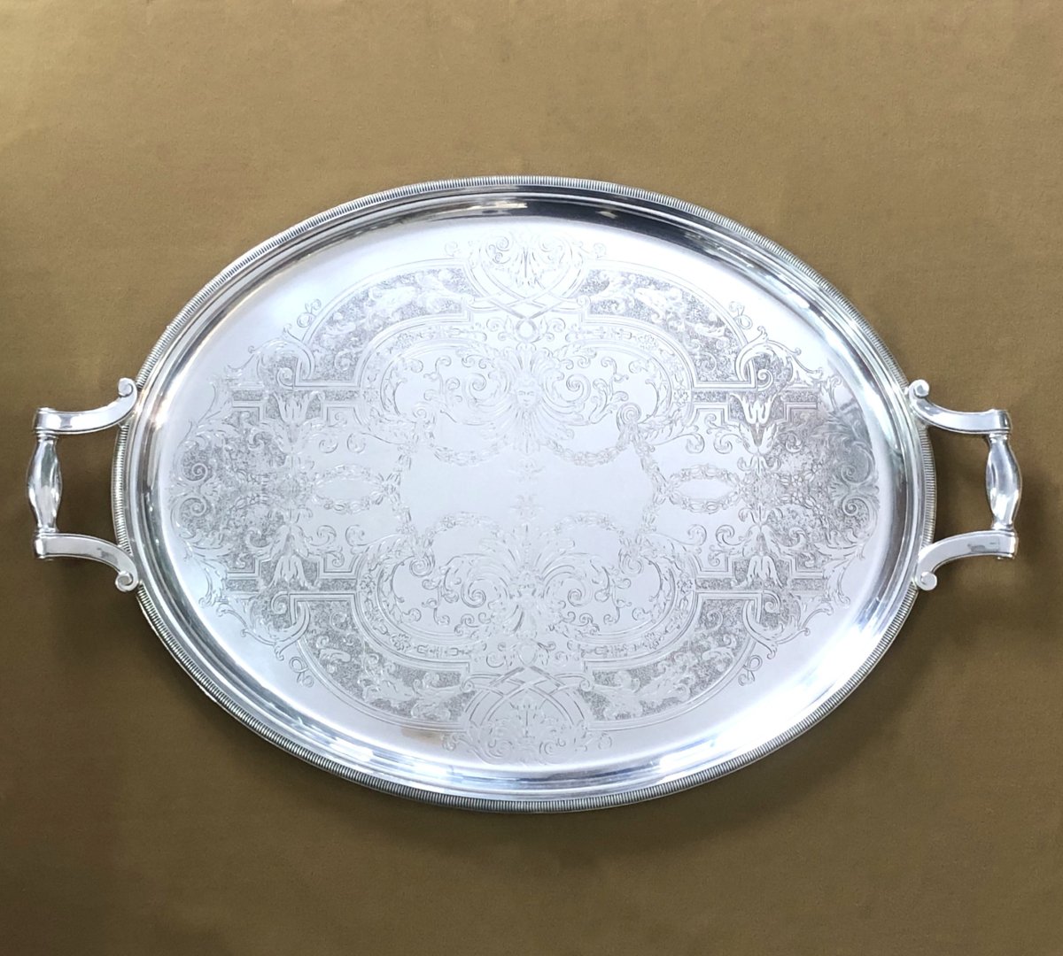 Christofle - Oval Silver-plated Metal Serving Tray, Louis XIV Model, "à La Bérain" Decoration-photo-2