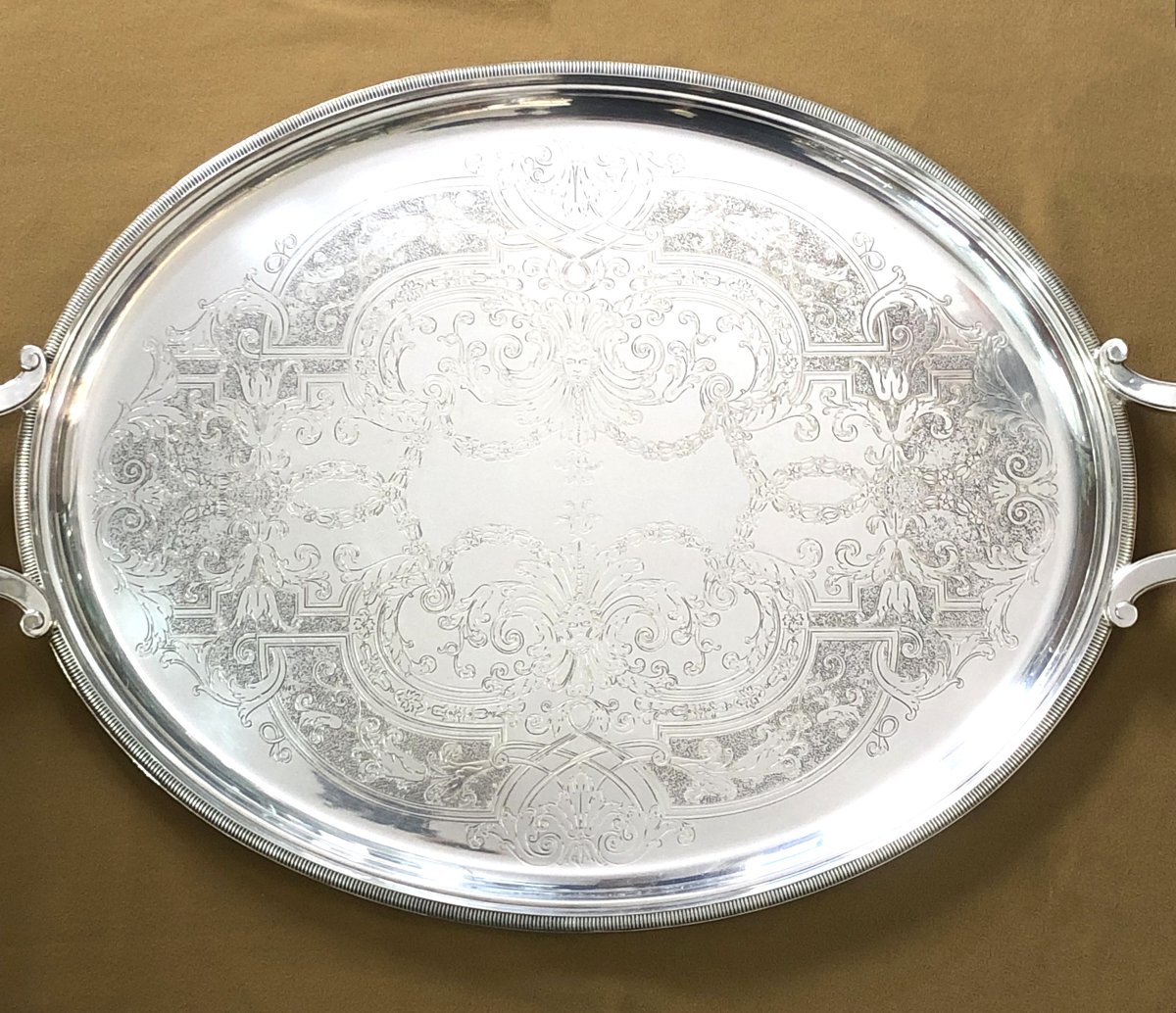 Christofle - Oval Silver-plated Metal Serving Tray, Louis XIV Model, "à La Bérain" Decoration-photo-3