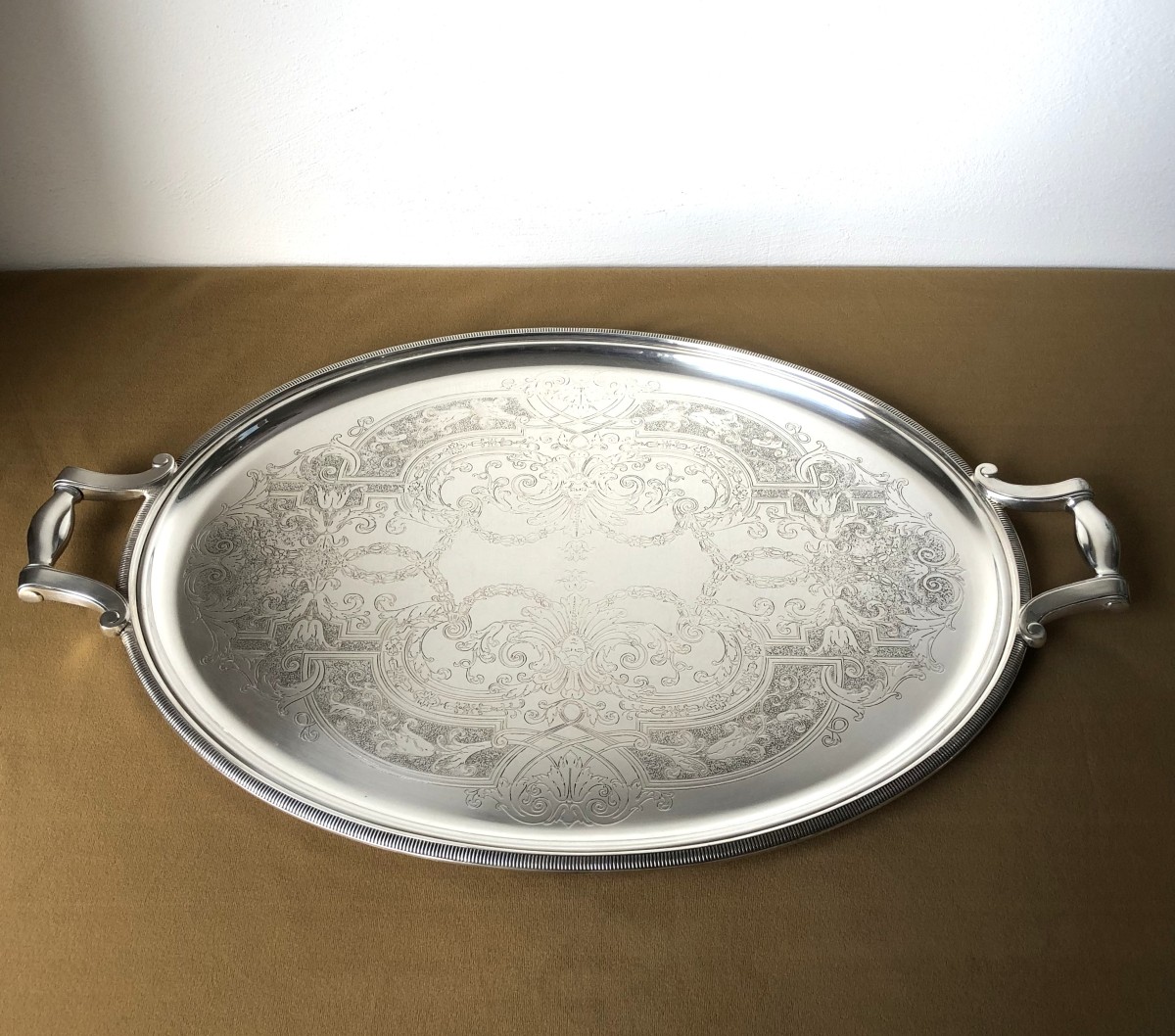 Christofle - Oval Silver-plated Metal Serving Tray, Louis XIV Model, "à La Bérain" Decoration-photo-4