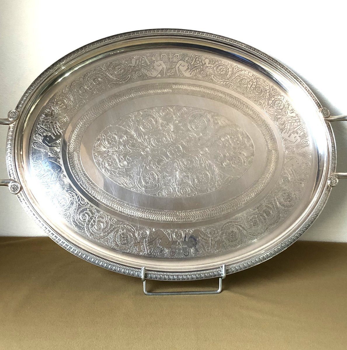 Christofle - Oval Silver-plated Metal Serving Tray, Malmaison Empire Pattern.-photo-2
