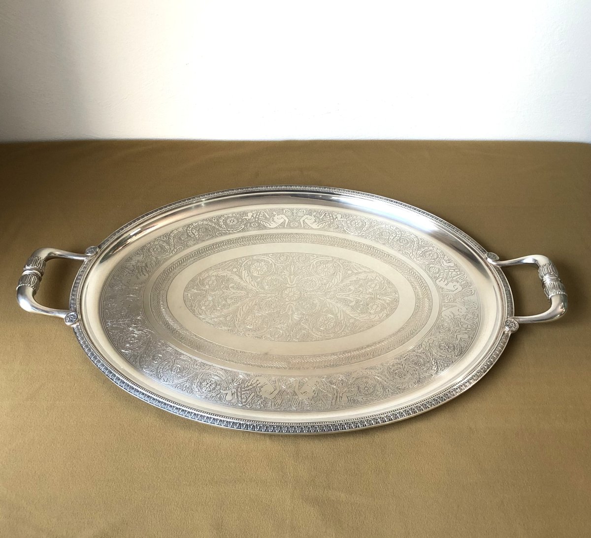 Christofle - Oval Silver-plated Metal Serving Tray, Malmaison Empire Pattern.-photo-3