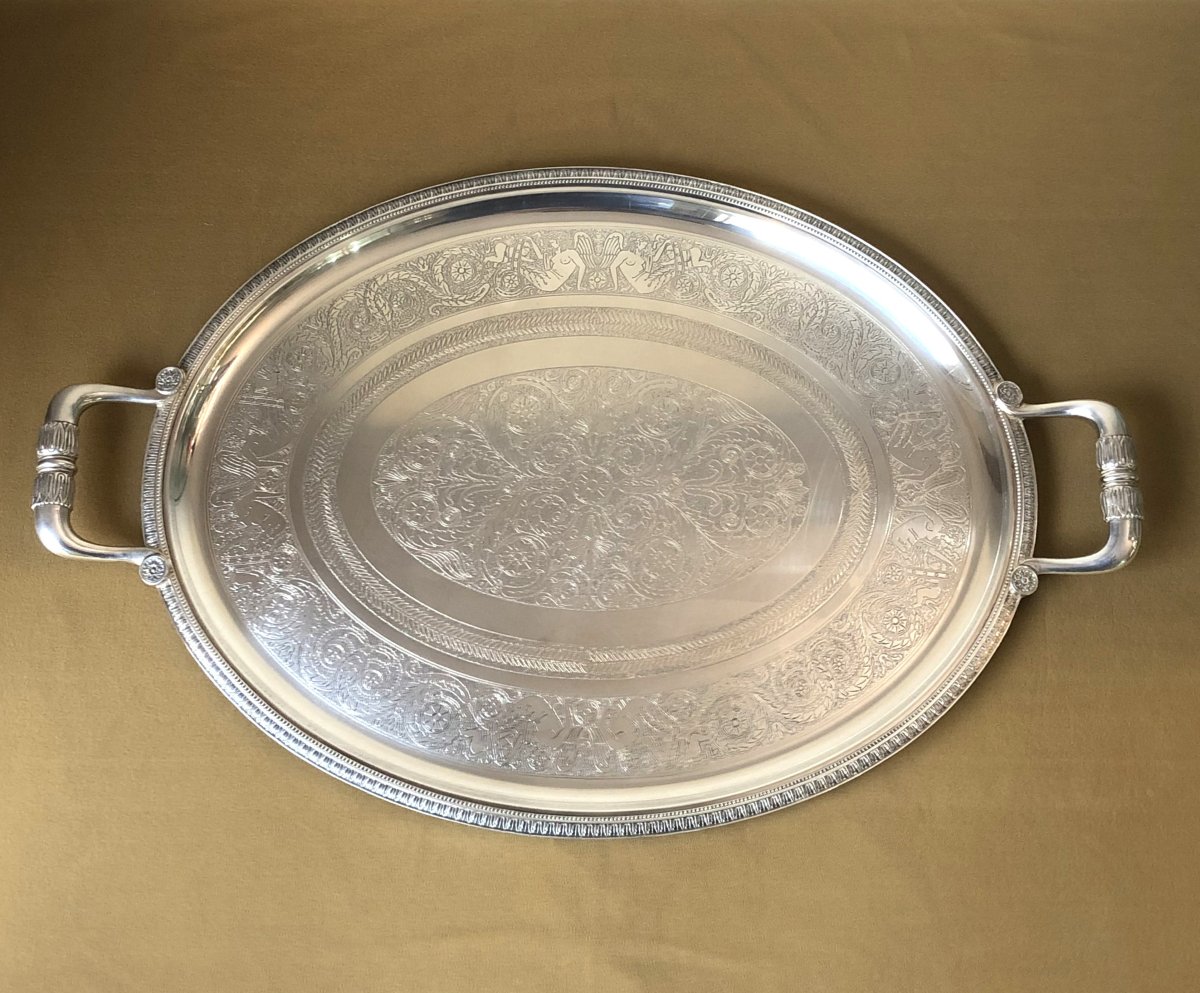 Christofle - Oval Silver-plated Metal Serving Tray, Malmaison Empire Pattern.-photo-4
