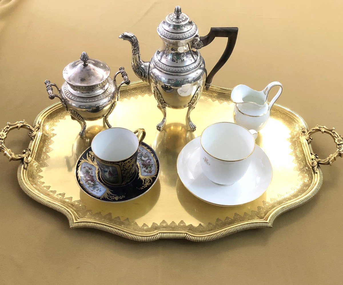 grand plateau de service à anses en métal doré 70 x 43 cm-photo-2