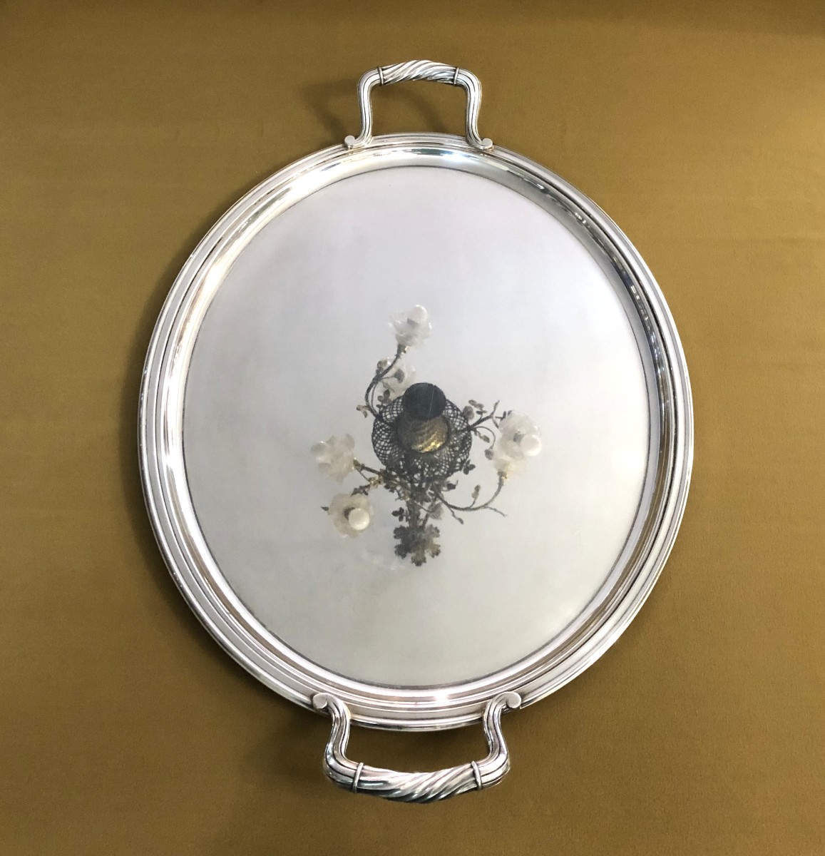 Large Oval Serving Tray With Handles, Christofle Silver-plated Metal, Torsade Pattern, 62 X 42 Cm-photo-1