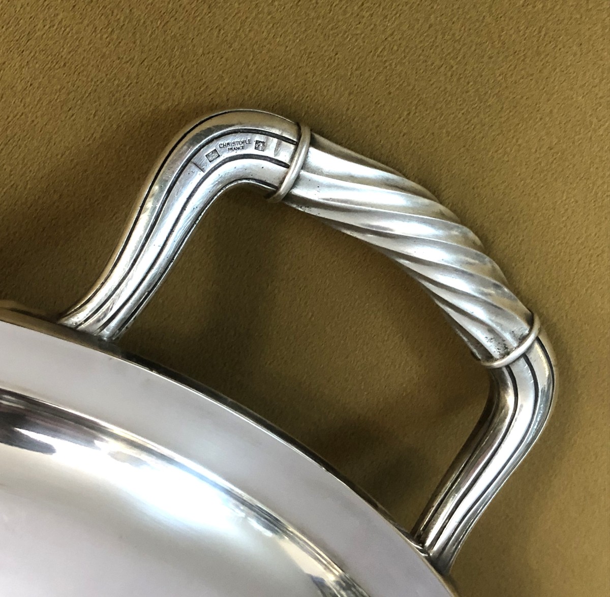 Large Oval Serving Tray With Handles, Christofle Silver-plated Metal, Torsade Pattern, 62 X 42 Cm-photo-3