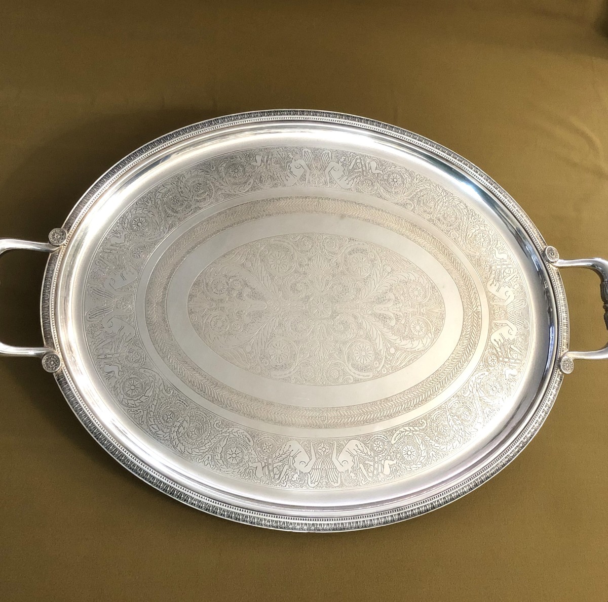 CHRISTOFLE - plateau de service ovale en métal argenté, modèle MALMAISON décor Empire 64x42 cm-photo-2