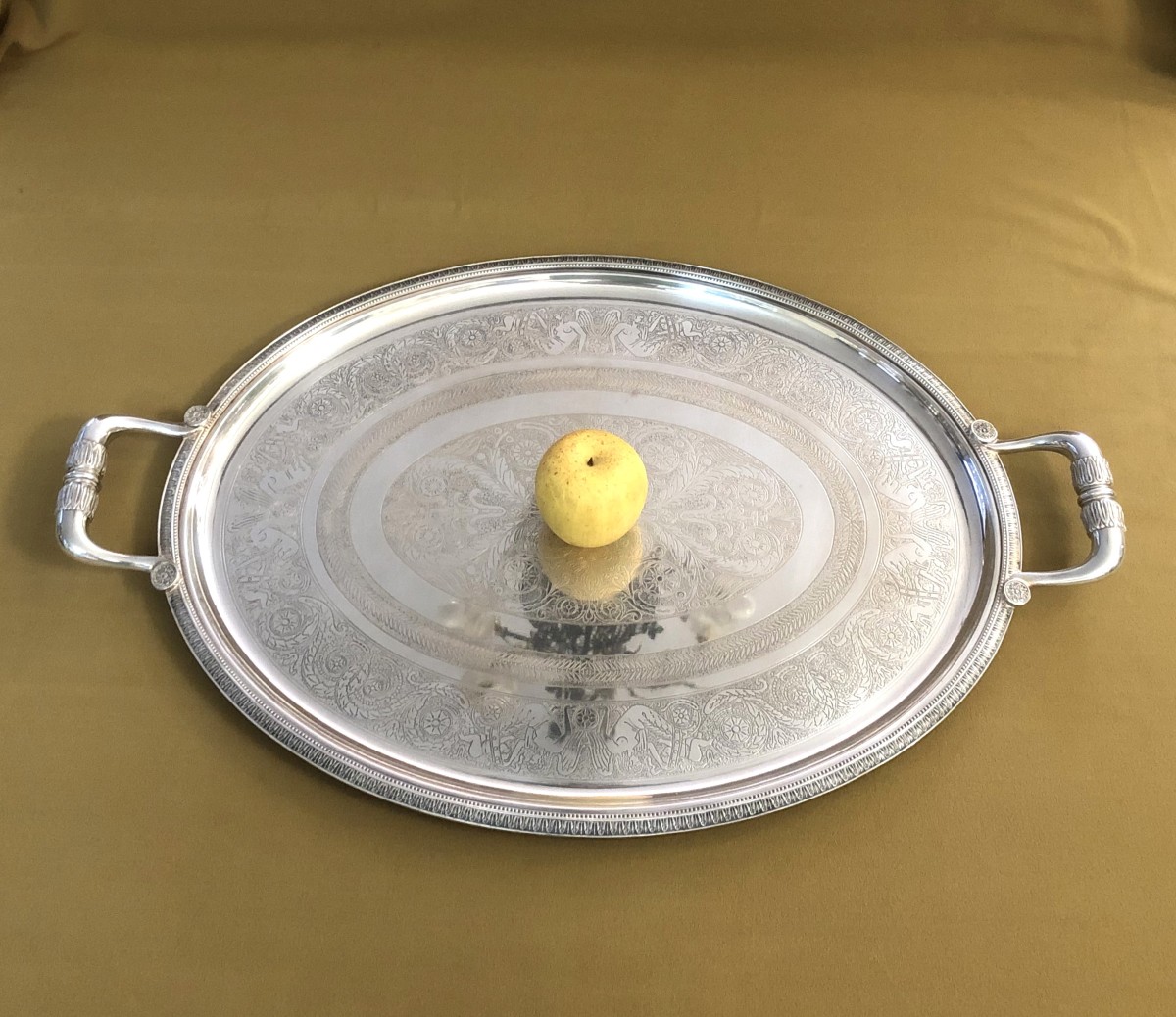 CHRISTOFLE - plateau de service ovale en métal argenté, modèle MALMAISON décor Empire 64x42 cm-photo-3
