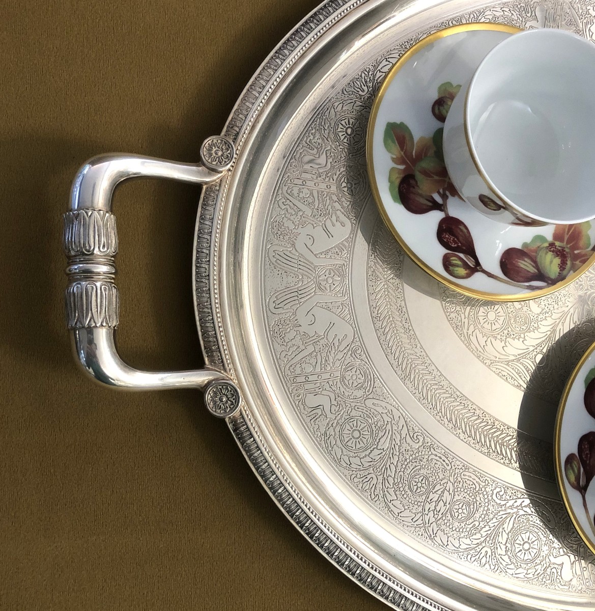 CHRISTOFLE - plateau de service ovale en métal argenté, modèle MALMAISON décor Empire 64x42 cm-photo-3