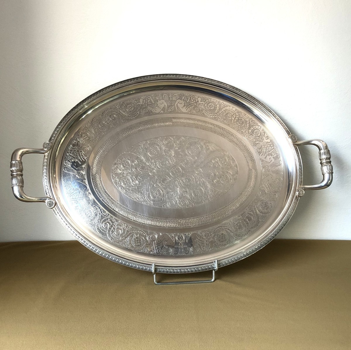 CHRISTOFLE - plateau de service ovale en métal argenté, modèle MALMAISON décor Empire 64x42 cm-photo-6