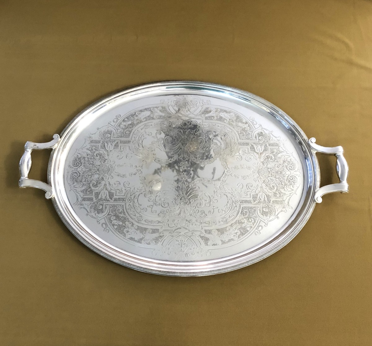 Christofle - Oval Silver-plated Metal Serving Tray, Louis XIV Model, "à La Bérain" Decoration -photo-2