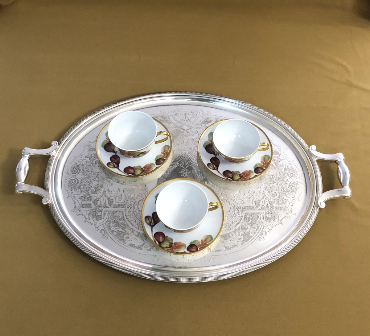 Christofle - Oval Silver-plated Metal Serving Tray, Louis XIV Model, "à La Bérain" Decoration -photo-1