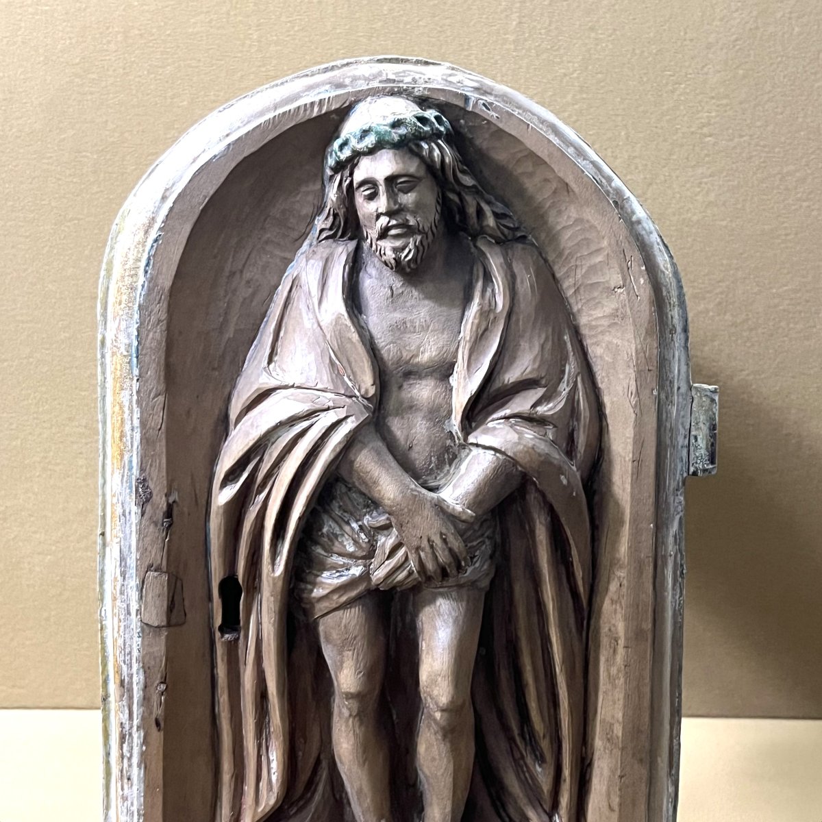 Antique Carved Wooden Tabernacle Door Depicting Christ, 18th Century-photo-2