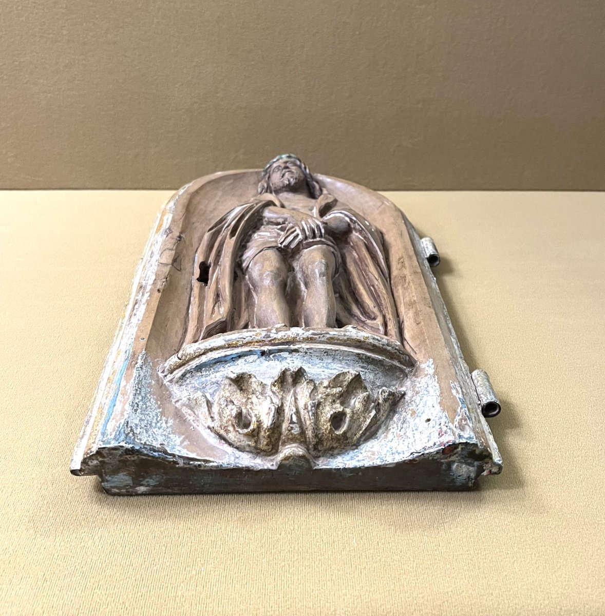 Antique Carved Wooden Tabernacle Door Depicting Christ, 18th Century-photo-4