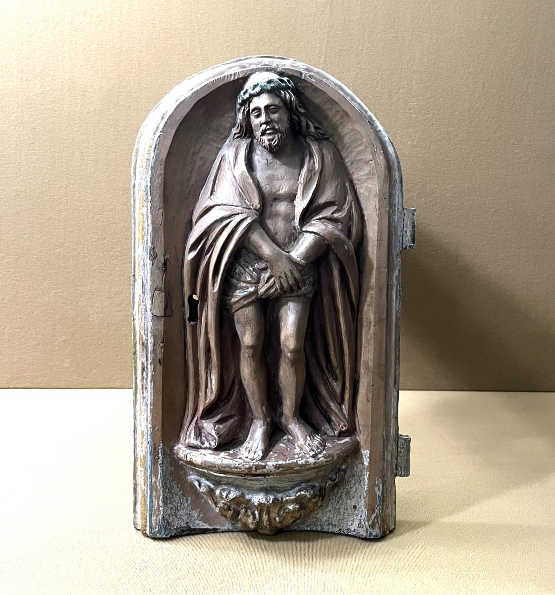 Antique Carved Wooden Tabernacle Door Depicting Christ, 18th Century