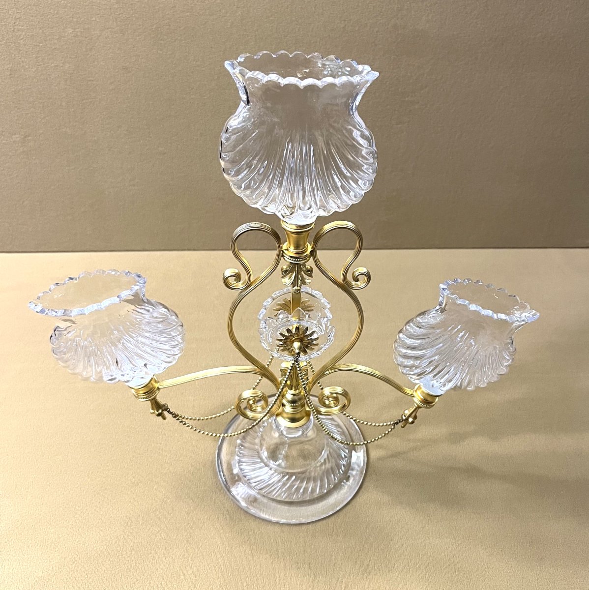 Antique Centerpiece With Three Crystal And Gilt Bronze Flower Holders, 19th Century-photo-2
