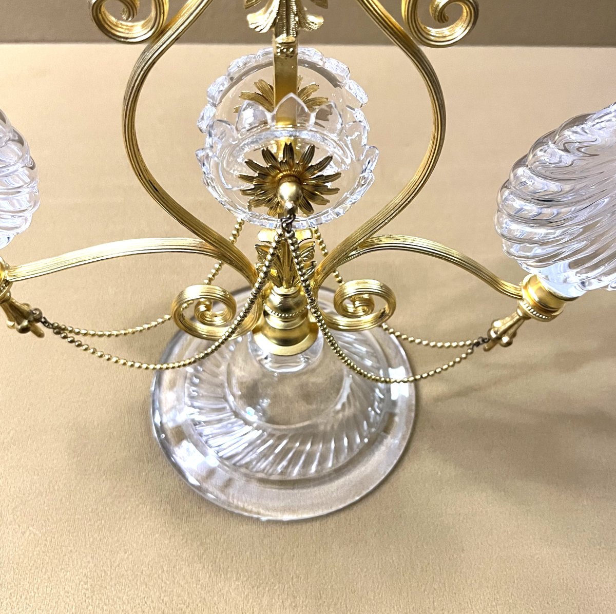 Antique Centerpiece With Three Crystal And Gilt Bronze Flower Holders, 19th Century-photo-3