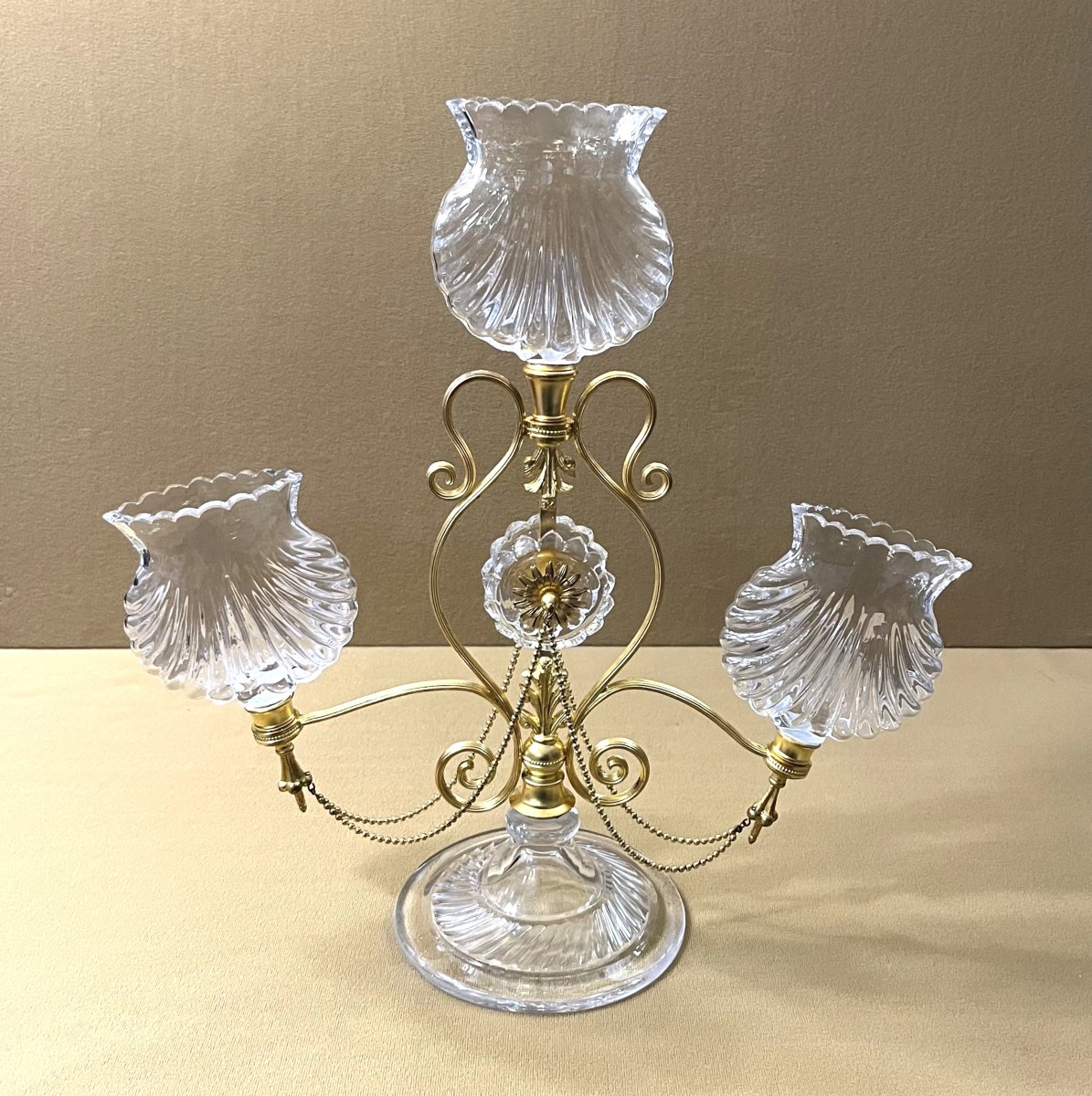 Antique Centerpiece With Three Crystal And Gilt Bronze Flower Holders, 19th Century-photo-1